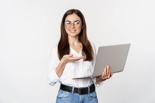 Female in a laptop checking the Marketing Automation of Adnika